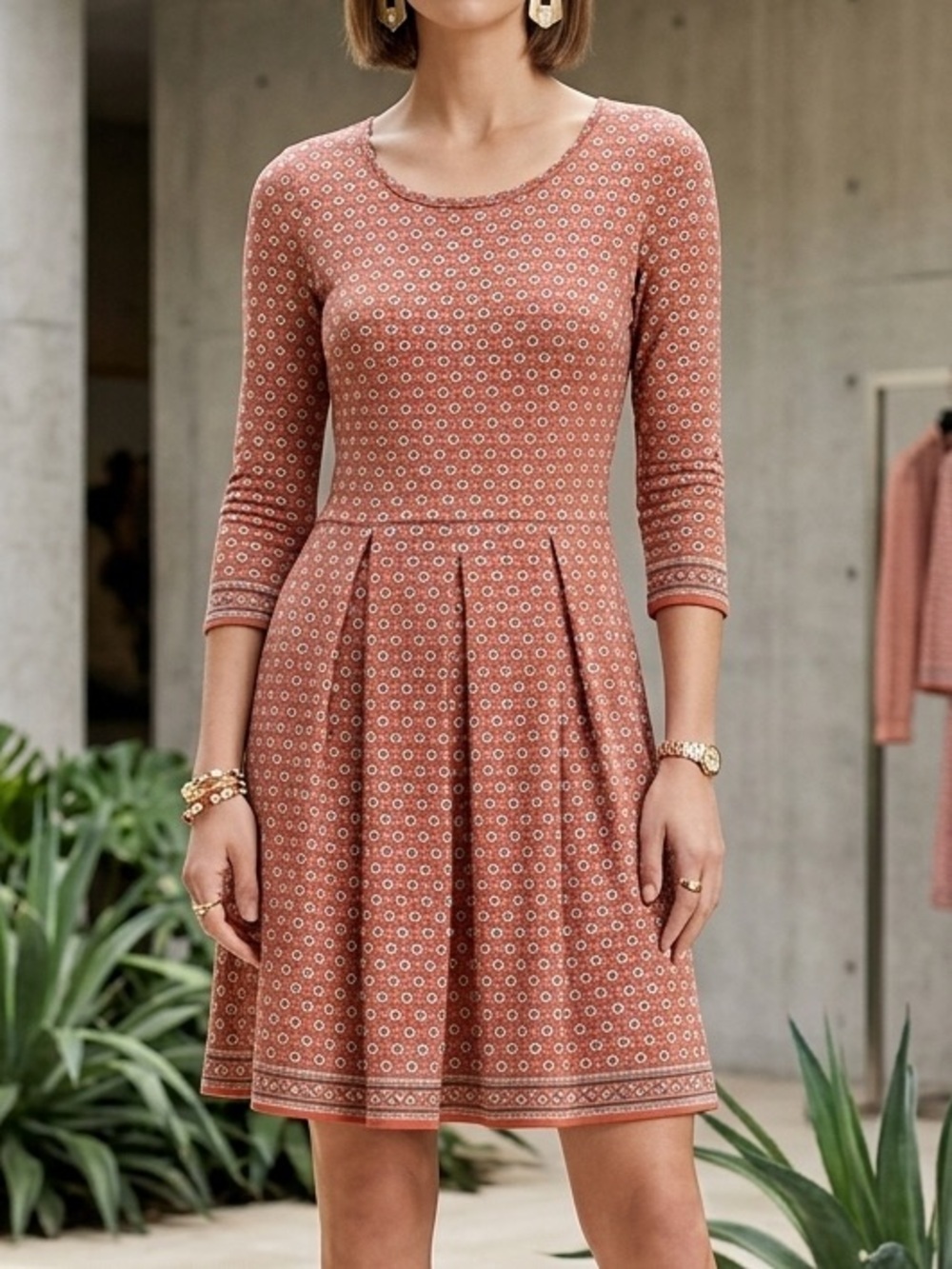 Max Studio Womens XS Terracotta Geometric Medallion 3/4 Sleeve Pleated Dress